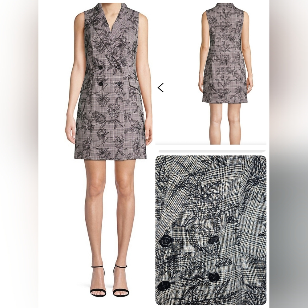 Calvin Klein Grey Casual Plaid Floral Embroidery Coat Dress Sz2